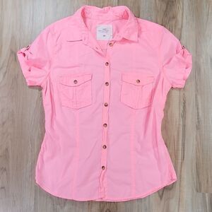 ☔️🔺️H&M Label of Graded Goods Neon Pink Button Front Short Sleeve Top Size 14